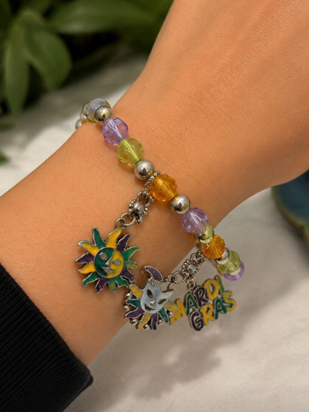 Mardi Gras Charm Bracelet Purple Green Gold Beaded Stretch Bracelet |New Orleans